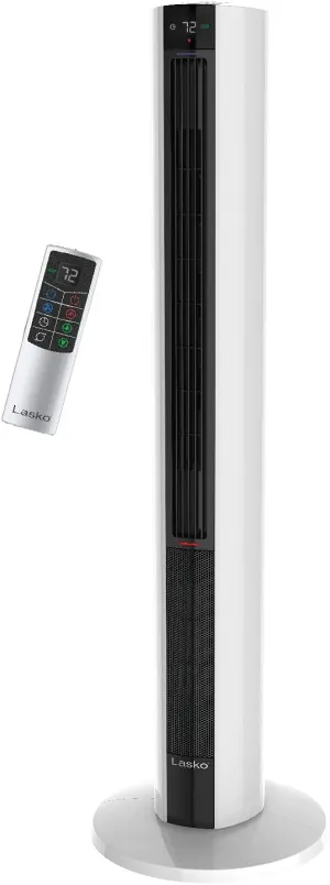 Lasko 1500 Watt 4 Speed Quiet Bladeless Multi Function Remote Control Comfort Control Tower Fan and Space Heater with 3 Heat Settings, White Small bladeless fan for quiet cooling