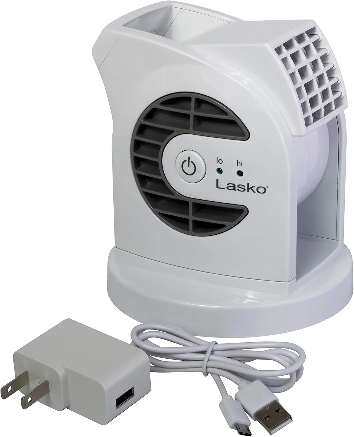 Lasko MyCool D300 Mini USB Desk Fan with 40in. USB Cable and Bonus AC Adapter  Small Quiet Portable Personal 2-Speed Fans for Staying Cool at Home, Work, Office, Dorm, Car, and Travel, White Desktop fan with humidification feature