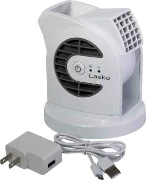 Lasko MyCool D300 Mini USB Desk Fan with 40in. USB Cable and Bonus AC Adapter  Small Quiet Portable Personal 2-Speed Fans for Staying Cool at Home, Work, Office, Dorm, Car, and Travel, White Desktop fan with humidification feature