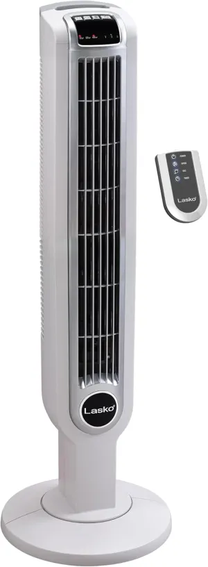 Lasko Oscillating Tower Fan with Remote Control, 3 Quiet Speeds, Timer for Bedroom, Kitchen, Office Use, White, 36" 2510 Tower bladeless fan for modern homes