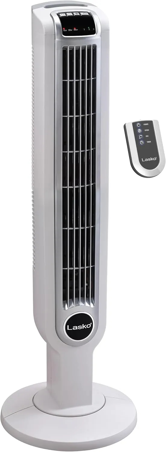 Lasko Oscillating Tower Fan with Remote Control, 3 Quiet Speeds, Timer for Bedroom, Kitchen, Office Use, White, 36" 2510 Tower bladeless fan for modern homes