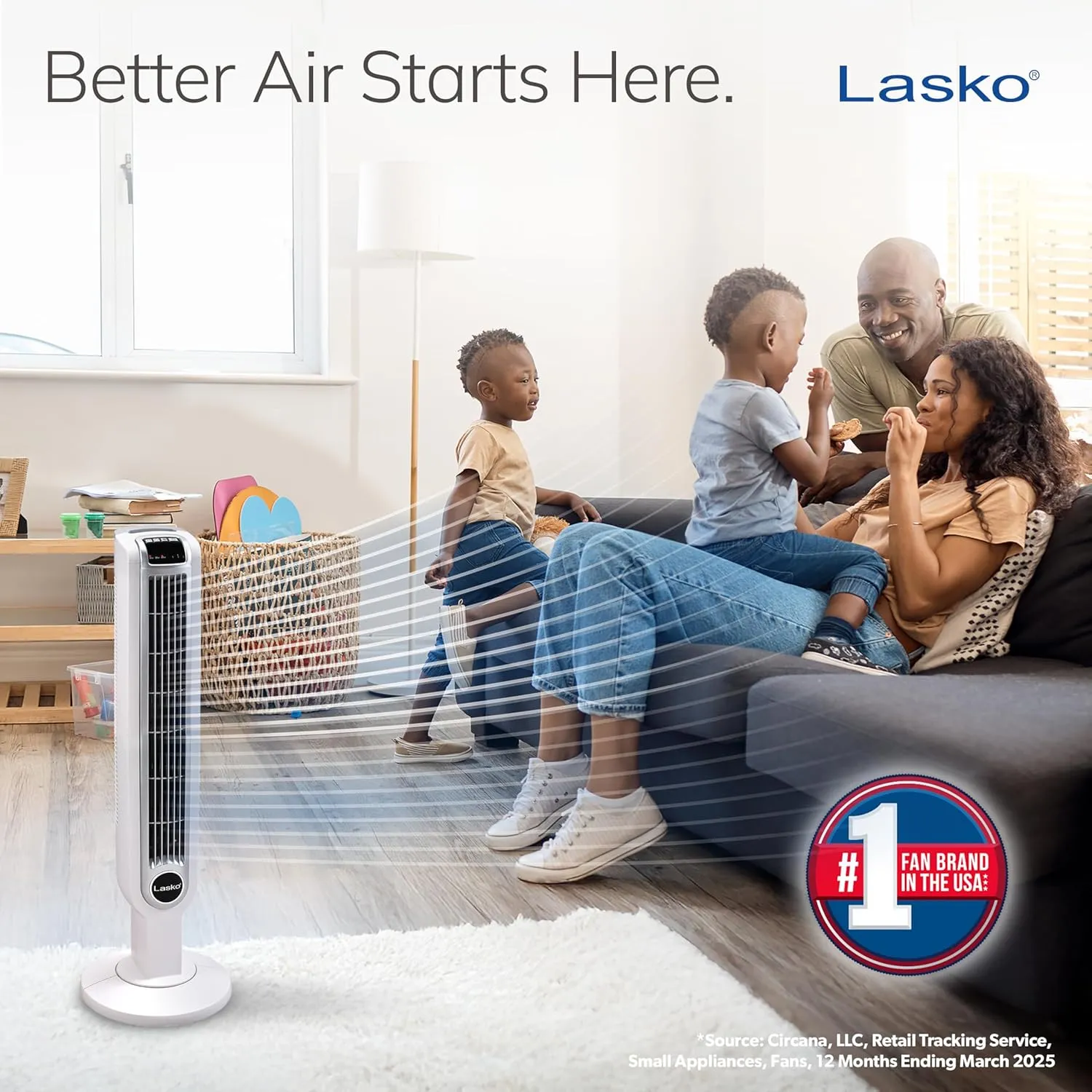 Lasko Oscillating Tower Fan with Remote Control, 3 Quiet Speeds, Timer for Bedroom, Kitchen, Office Use, White, 36" 2510