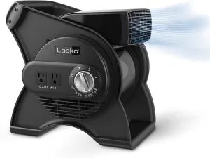 Lasko Portable Utility Fan, 12 289 CFM Pivoting High Velocity Air Mover Blower Fan, 3 Speeds, 2 Accessory Outlets 120V, Black, U12104 Desktop fan with humidification feature