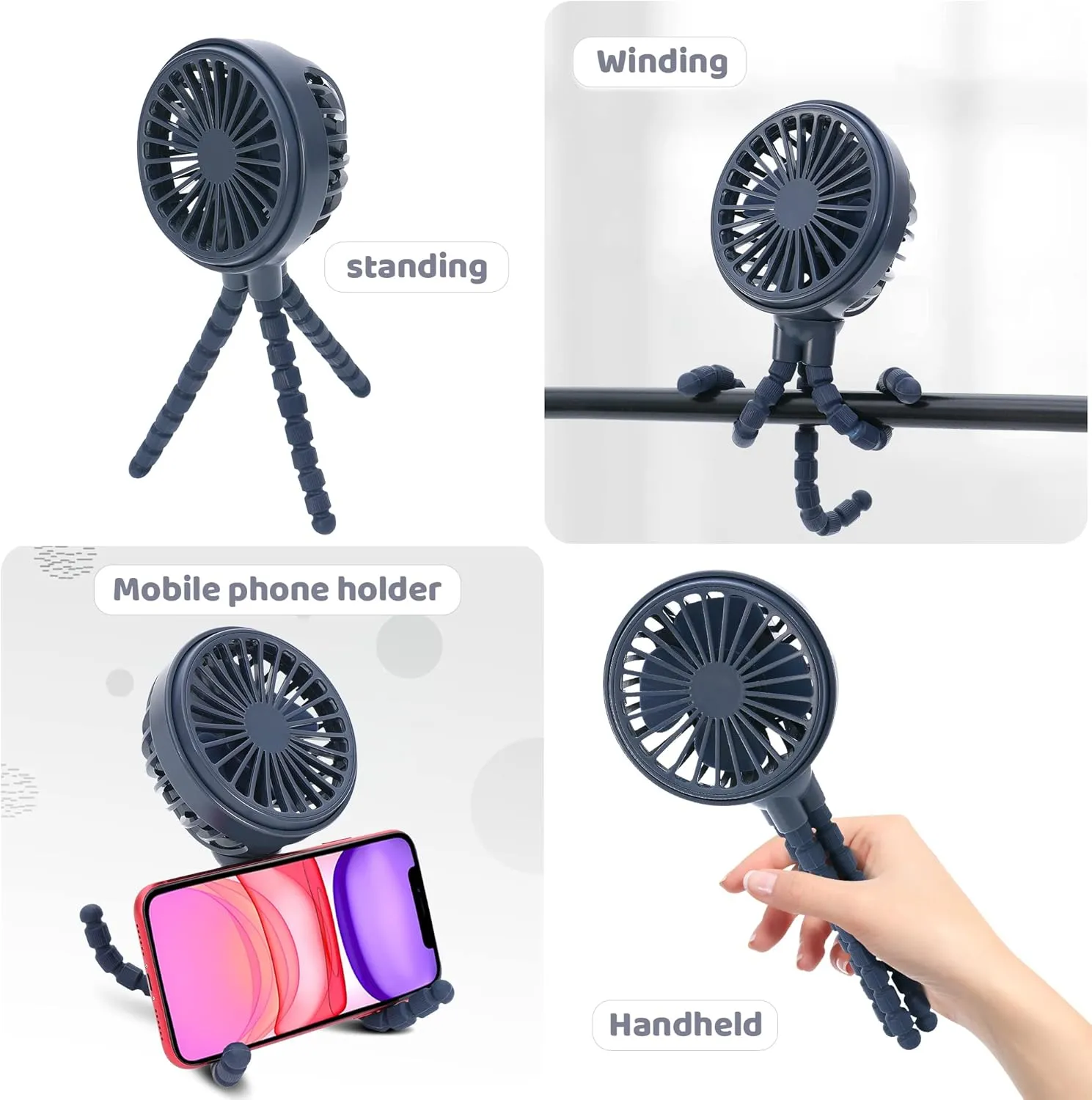 LAT Stroller Fan Flexible Tripod Clip On Fan,Portable Fan Car Seat Baby Fan with Flexible Tripod (Navy Blue)