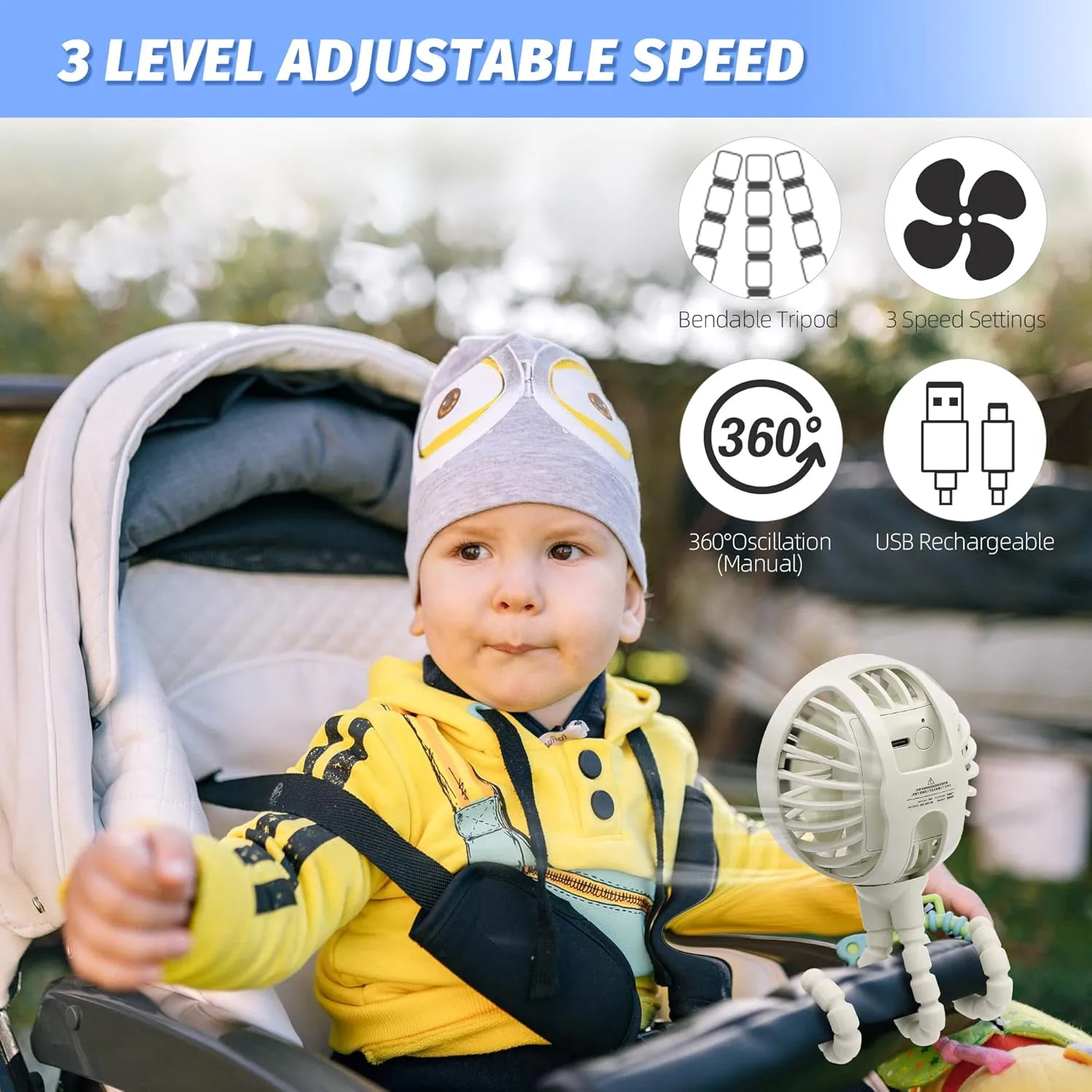 LAT Stroller Fan Flexible Tripod Clip On Fan,Portable Fan Car Seat Baby Fan with Flexible Tripod (White)