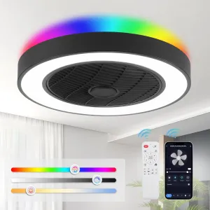 LEDIARY 20 Inch Low Profile Ceiling Fan with Light, Led Bladeless Ceiling Fan, Remote Control, Enclosed Flush Mount, 3000-6000K, 6 Speeds, 3000LM, 57W-Black RGB Small bladeless fan for quiet cooling