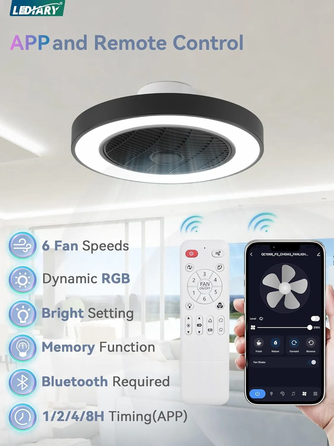 LEDIARY 20 Inch Low Profile Ceiling Fan with Light, Led Bladeless Ceiling Fan, Remote Control, Enclosed Flush Mount, 3000-6000K, 6 Speeds, 3000LM, 57W-Black RGB