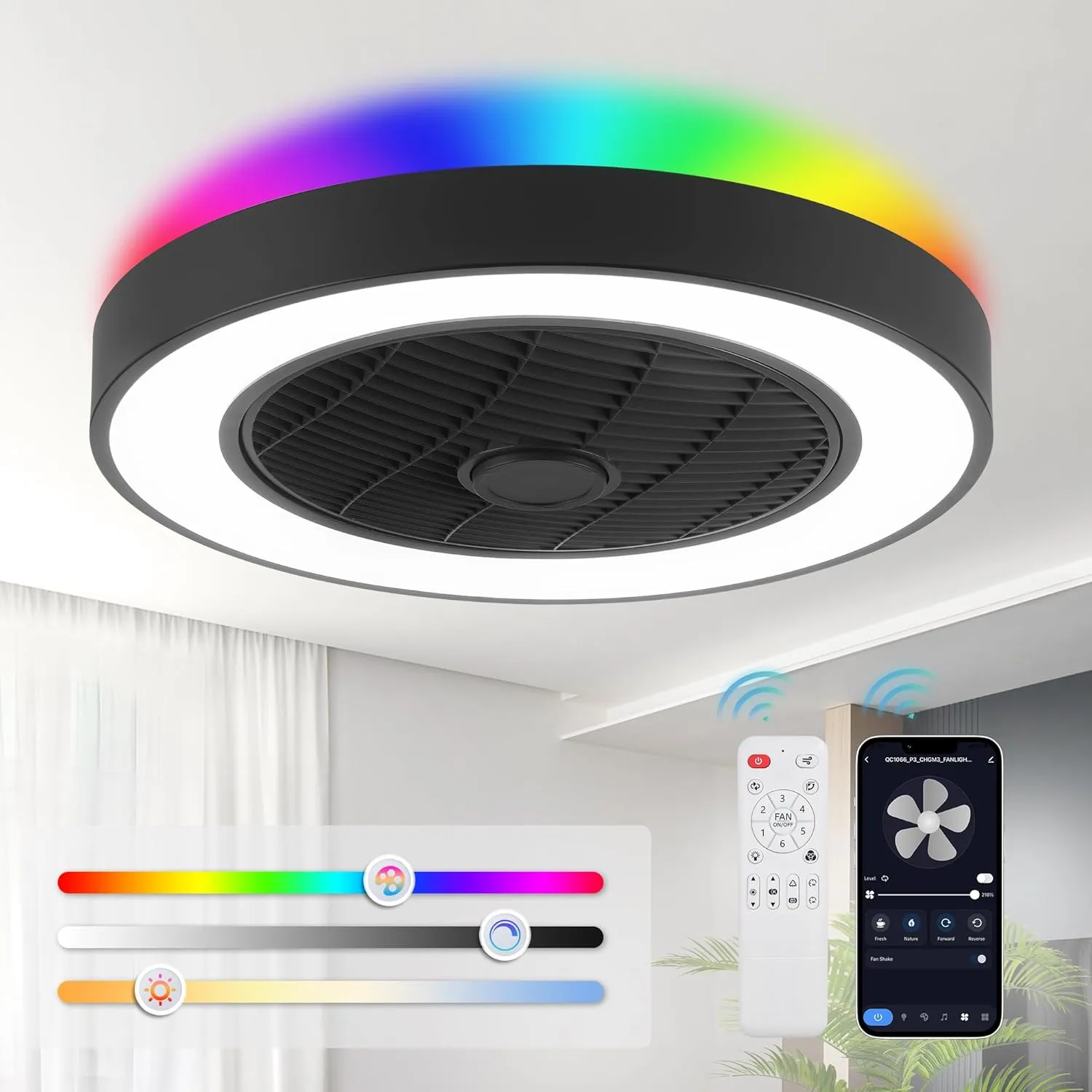 LEDIARY 20 Inch Low Profile Ceiling Fan with Light, Led Bladeless Ceiling Fan, Remote Control, Enclosed Flush Mount, 3000-6000K, 6 Speeds, 3000LM, 57W-Black RGB Small bladeless fan for quiet cooling