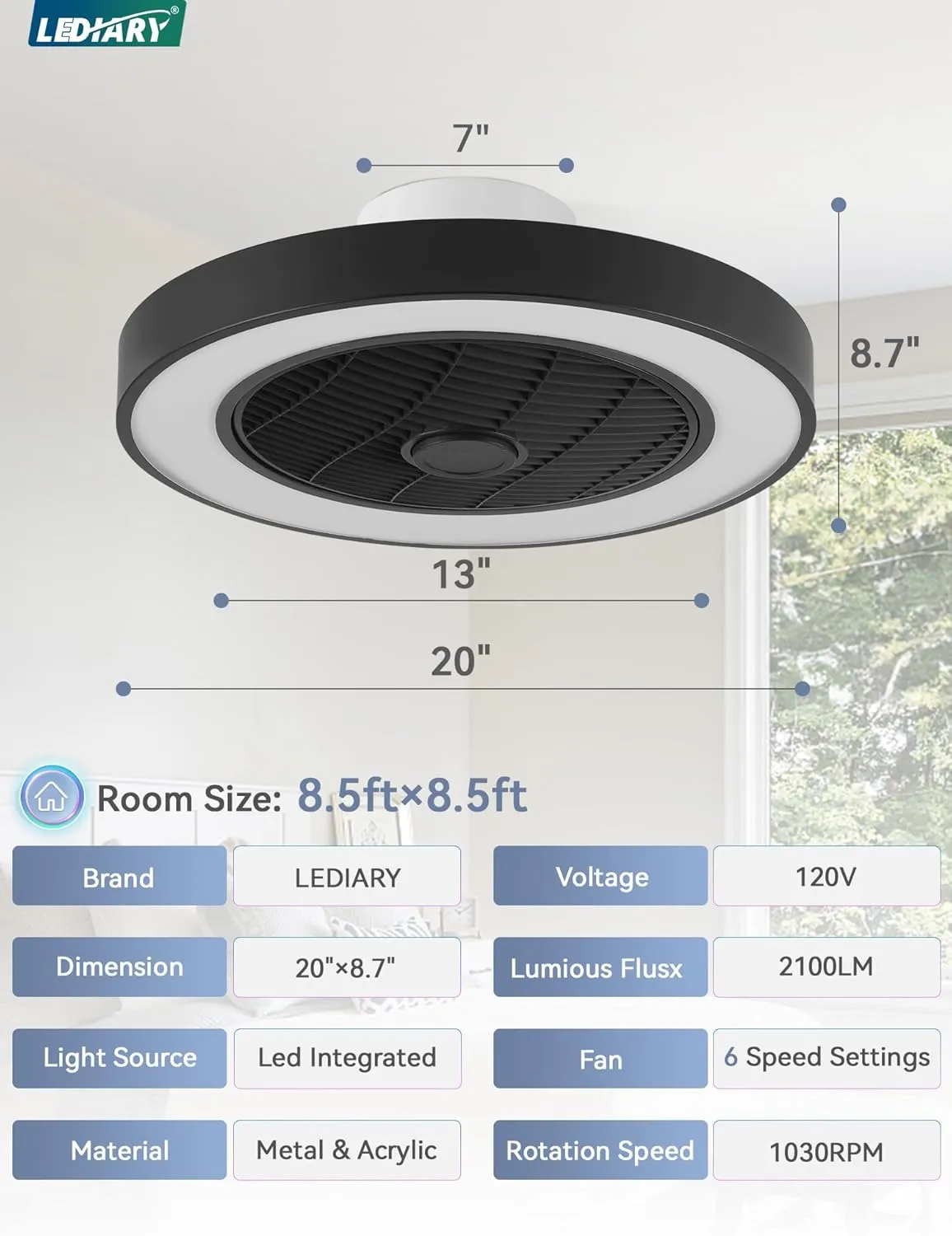 LEDIARY 20 Inch Low Profile Ceiling Fan with Light, Led Bladeless Ceiling Fan, Remote Control, Enclosed Flush Mount, 3000-6000K, 6 Speeds, 3000LM, 57W-Black RGB
