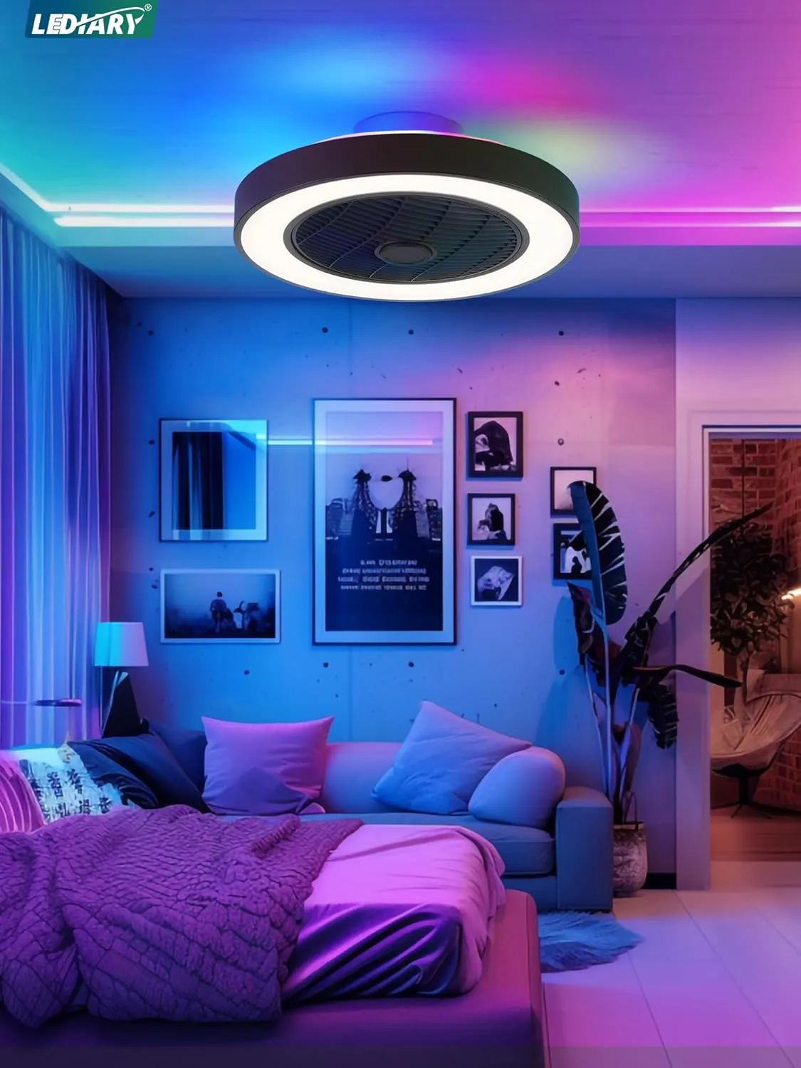 LEDIARY 20 Inch Low Profile Ceiling Fan with Light, Led Bladeless Ceiling Fan, Remote Control, Enclosed Flush Mount, 3000-6000K, 6 Speeds, 3000LM, 57W-Black RGB