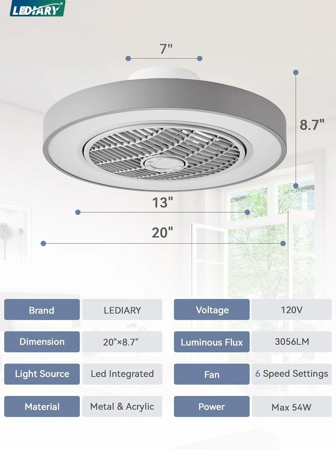 LEDIARY 20 Inch Low Profile Ceiling Fan with Light, Led Bladeless Ceiling Fans, Remote Control Enclosed Flush Mount Ceiling Fan with Timming, 3000-6000K, 6 Wind Speed, 3000LM, 57W-Grey