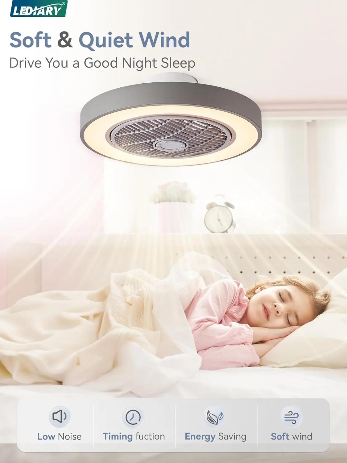 LEDIARY 20 Inch Low Profile Ceiling Fan with Light, Led Bladeless Ceiling Fans, Remote Control Enclosed Flush Mount Ceiling Fan with Timming, 3000-6000K, 6 Wind Speed, 3000LM, 57W-Grey