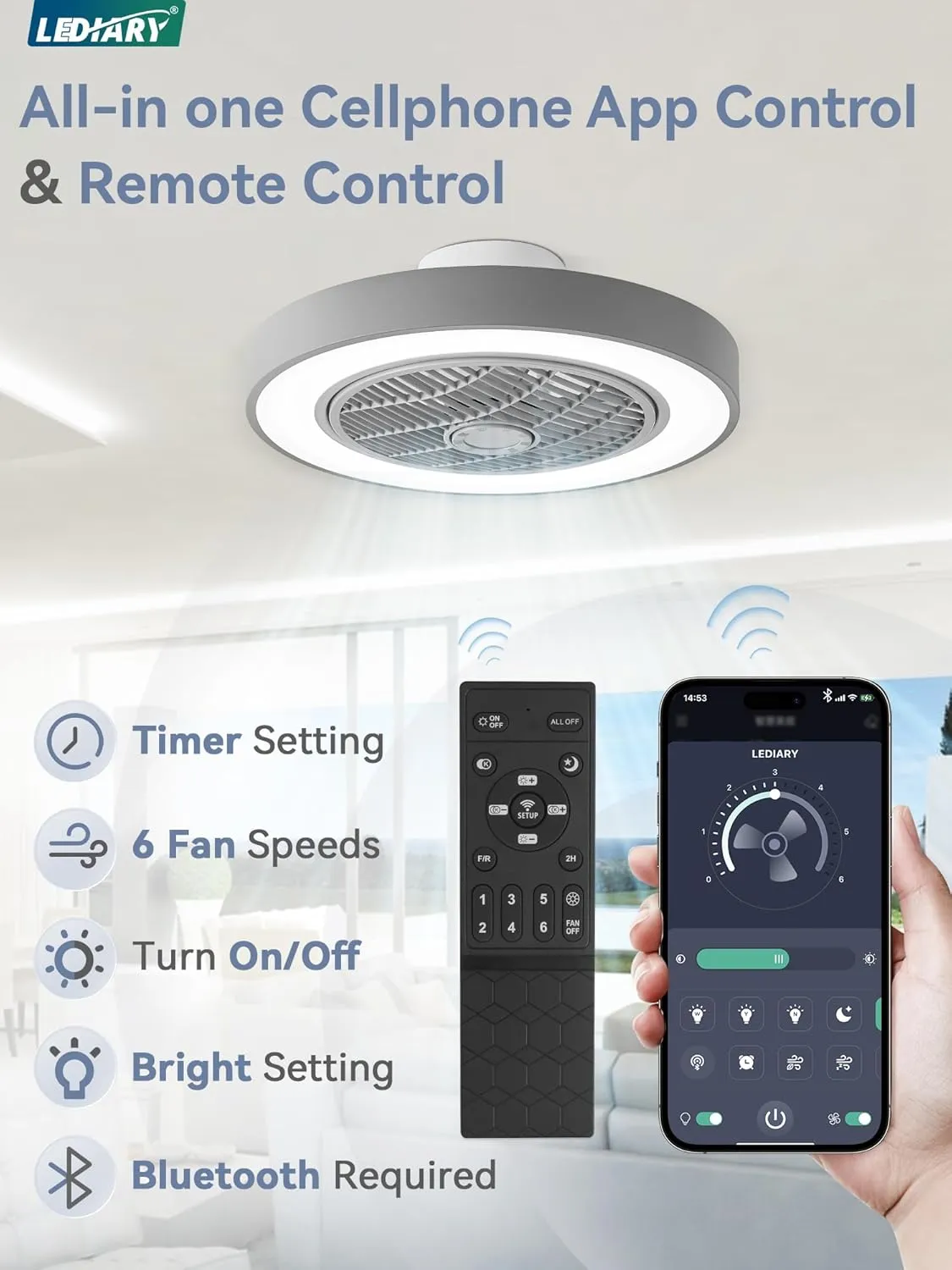 LEDIARY 20 Inch Low Profile Ceiling Fan with Light, Led Bladeless Ceiling Fans, Remote Control Enclosed Flush Mount Ceiling Fan with Timming, 3000-6000K, 6 Wind Speed, 3000LM, 57W-Grey
