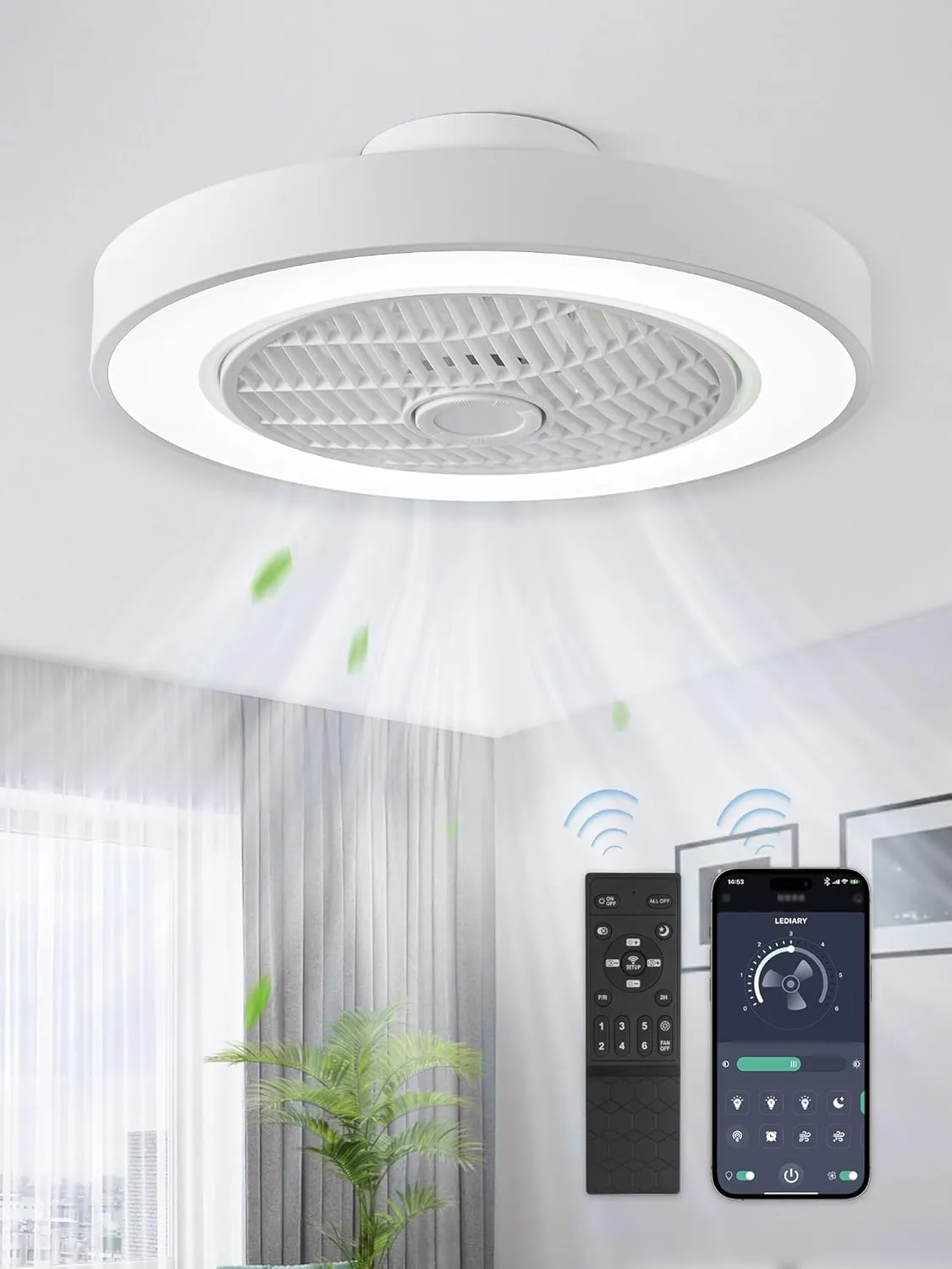 LEDIARY 20 Inch Low Profile Ceiling Fan With Light, Led Bladeless Ceiling Fans, Remote Control Enclosed Flush Mount Ceiling Fan With Timming, 3000-6000K, 6 Wind Speed, 3000LM, 57W-White Small bladeless fan for quiet cooling