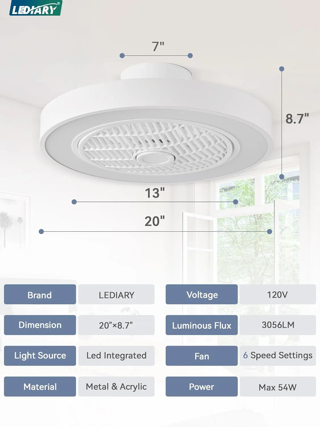 LEDIARY 20 Inch Low Profile Ceiling Fan With Light, Led Bladeless Ceiling Fans, Remote Control Enclosed Flush Mount Ceiling Fan With Timming, 3000-6000K, 6 Wind Speed, 3000LM, 57W-White