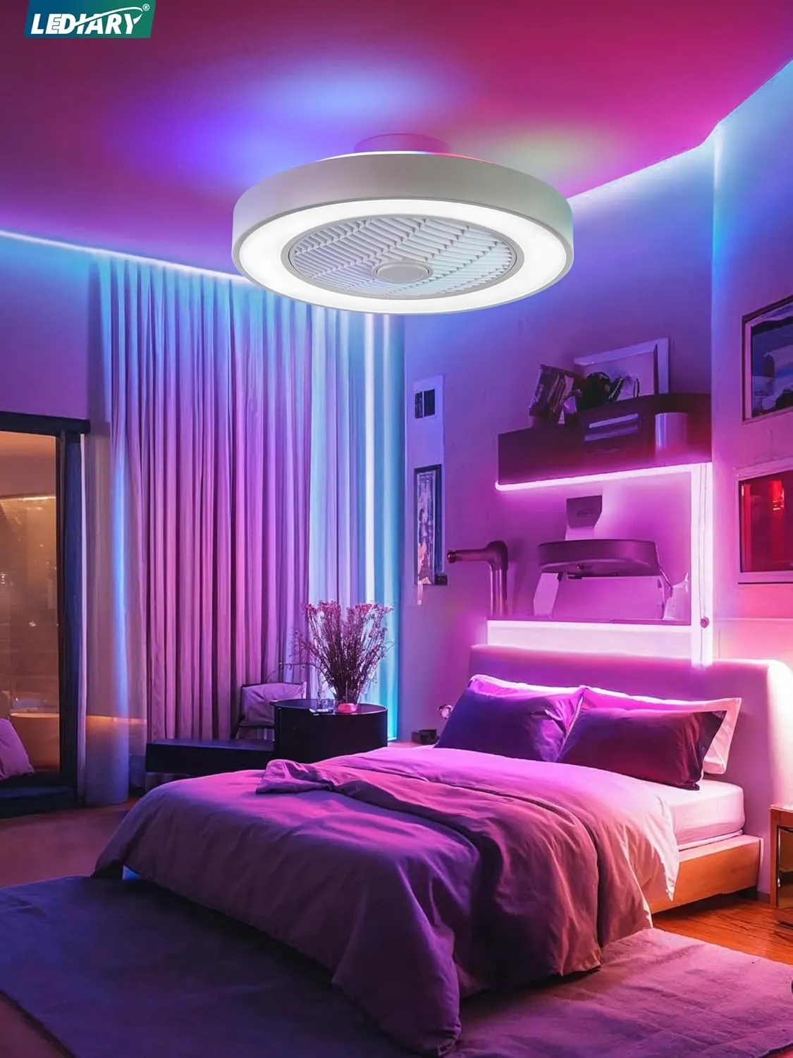 LEDIARY 20 Inch Low Profile Ceiling Fan With Light, LED Bladeless, Remote Control Enclosed Flush Mount, Timming, 3000-6000K, 6 Wind Speed, 3000LM, 57W-White RGB