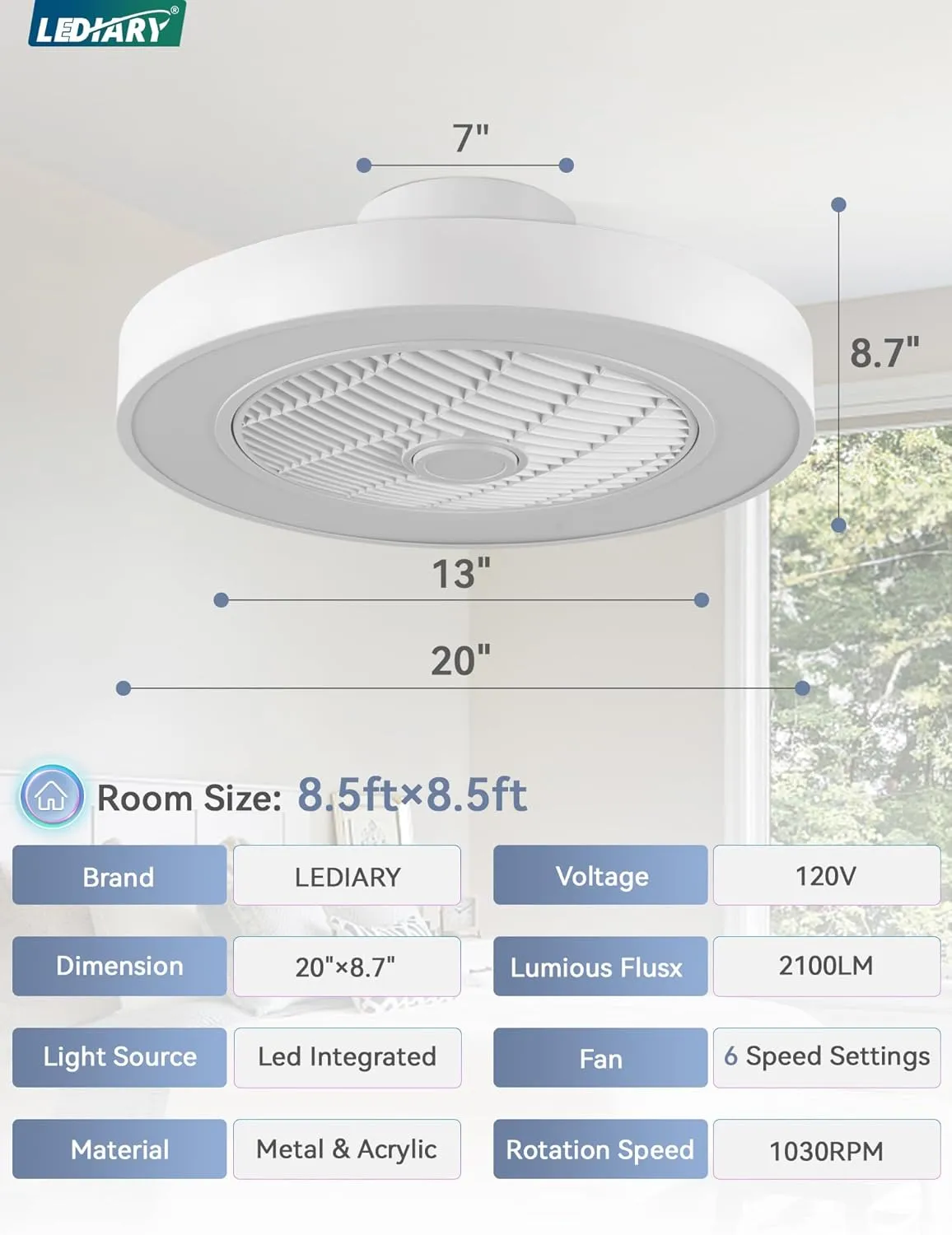 LEDIARY 20 Inch Low Profile Ceiling Fan With Light, LED Bladeless, Remote Control Enclosed Flush Mount, Timming, 3000-6000K, 6 Wind Speed, 3000LM, 57W-White RGB