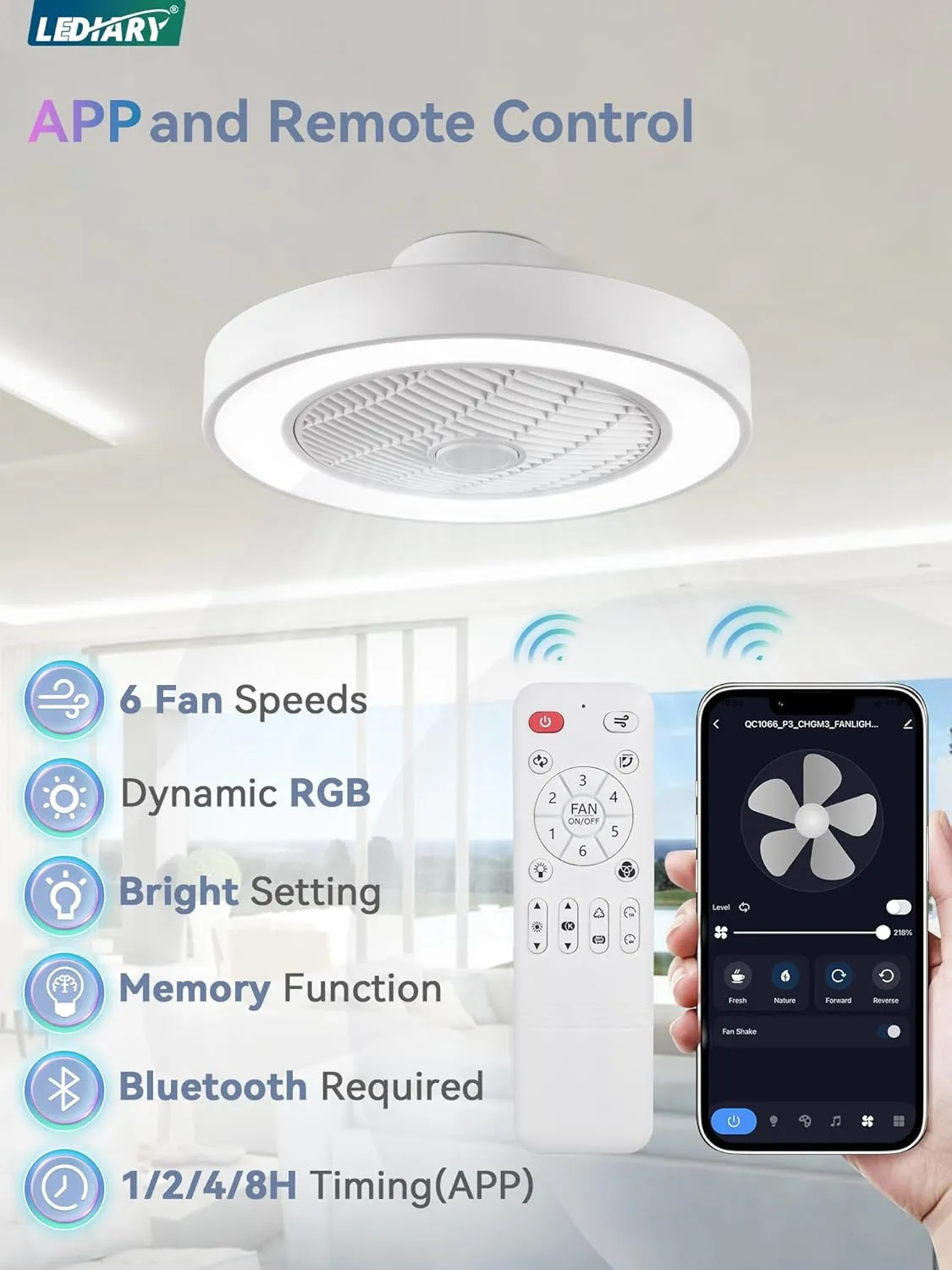 LEDIARY 20 Inch Low Profile Ceiling Fan With Light, LED Bladeless, Remote Control Enclosed Flush Mount, Timming, 3000-6000K, 6 Wind Speed, 3000LM, 57W-White RGB