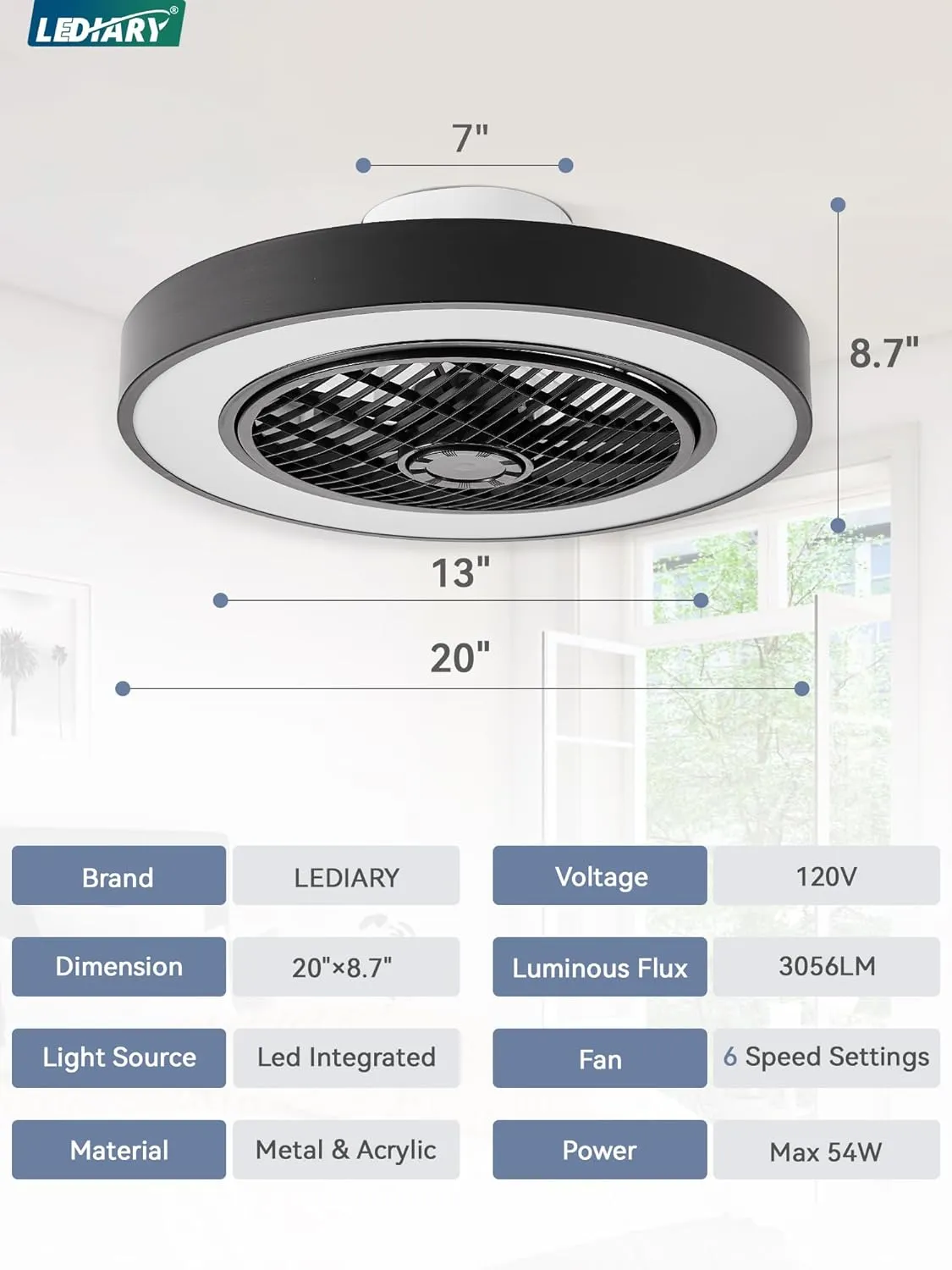 LEDIARY 20 Inch Low Profile Ceiling Fans With Lights, Led Bladeless Ceiling Fan, Remote Control Enclosed Flush Mount Ceiling Fan With Timming, 3000-6000K, 6 Wind Speed, 3000LM, 57W-Black