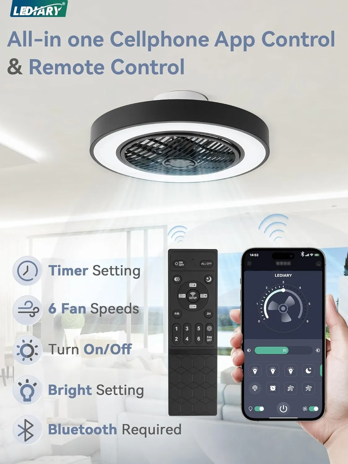 LEDIARY 20 Inch Low Profile Ceiling Fans With Lights, Led Bladeless Ceiling Fan, Remote Control Enclosed Flush Mount Ceiling Fan With Timming, 3000-6000K, 6 Wind Speed, 3000LM, 57W-Black