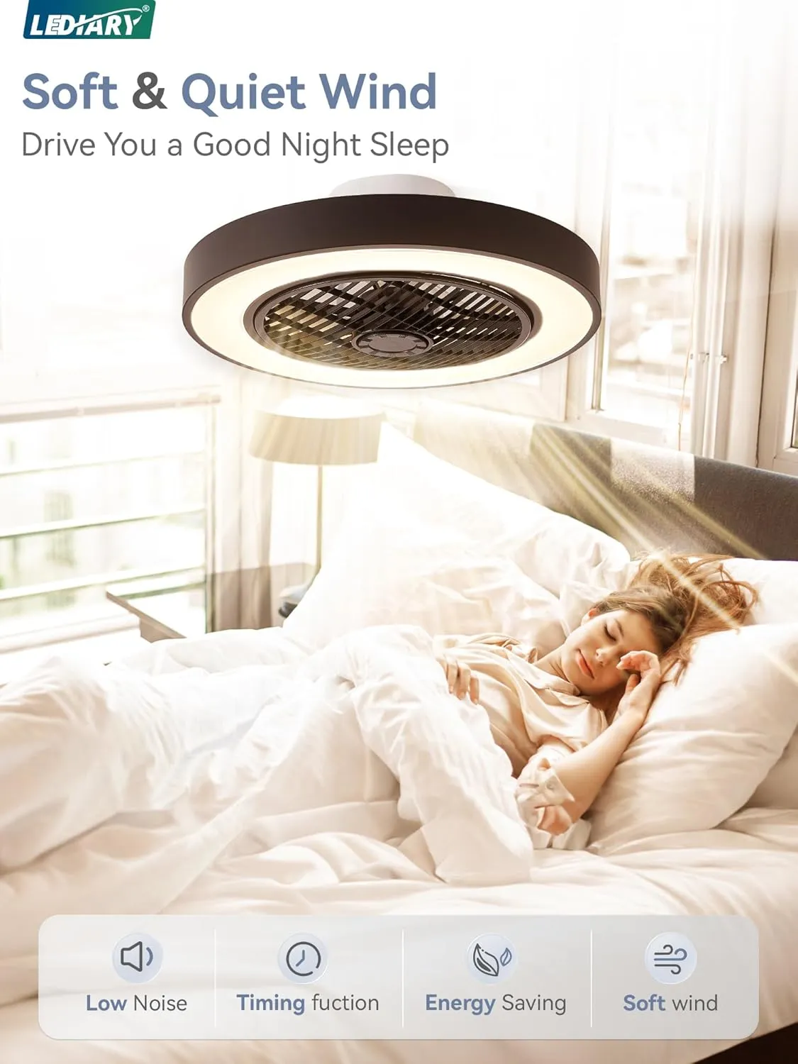 LEDIARY 20 Inch Low Profile Ceiling Fans With Lights, Led Bladeless Ceiling Fan, Remote Control Enclosed Flush Mount Ceiling Fan With Timming, 3000-6000K, 6 Wind Speed, 3000LM, 57W-Black
