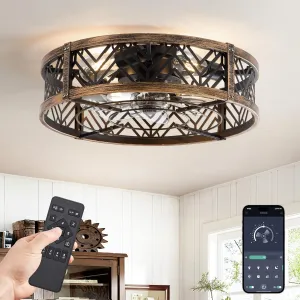 LEDIARY 20" Caged Ceiling Fan with Light, Small Flush Mount, App&Remote Control, Low Profile Bladeless Fan Light Fixture 6 Speed, Reversible and Quiet Motor-Black Gold Small bladeless fan for quiet cooling