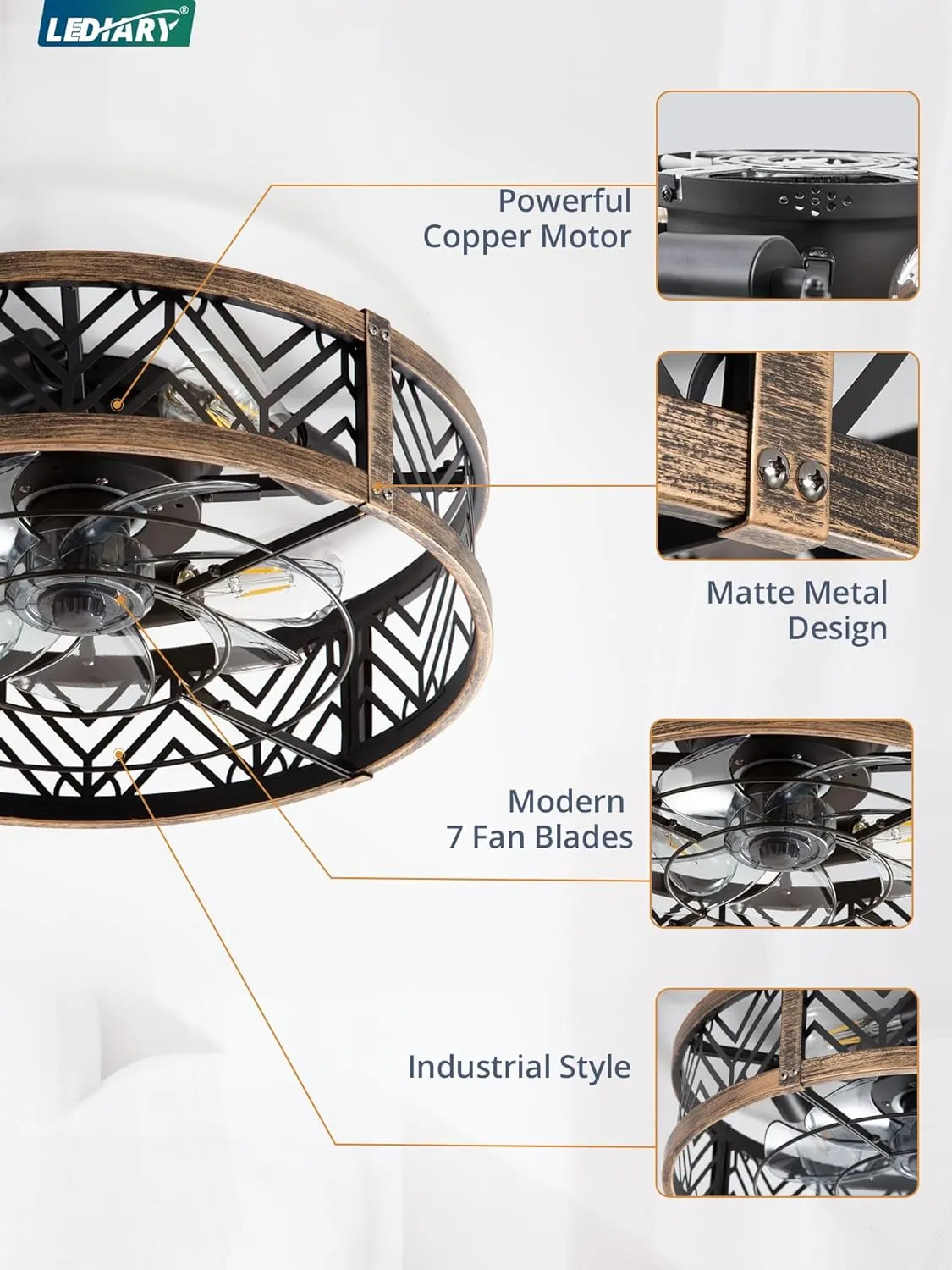 LEDIARY 20" Caged Ceiling Fan with Light, Small Flush Mount, App&Remote Control, Low Profile Bladeless Fan Light Fixture 6 Speed, Reversible and Quiet Motor-Black Gold