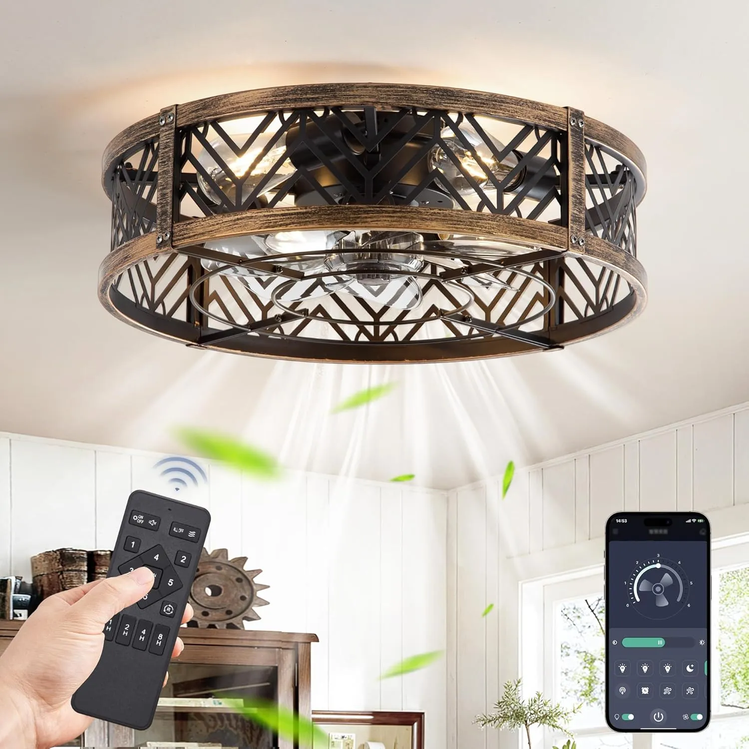LEDIARY 20" Caged Ceiling Fan with Light, Small Flush Mount, App&Remote Control, Low Profile Bladeless Fan Light Fixture 6 Speed, Reversible and Quiet Motor-Black Gold