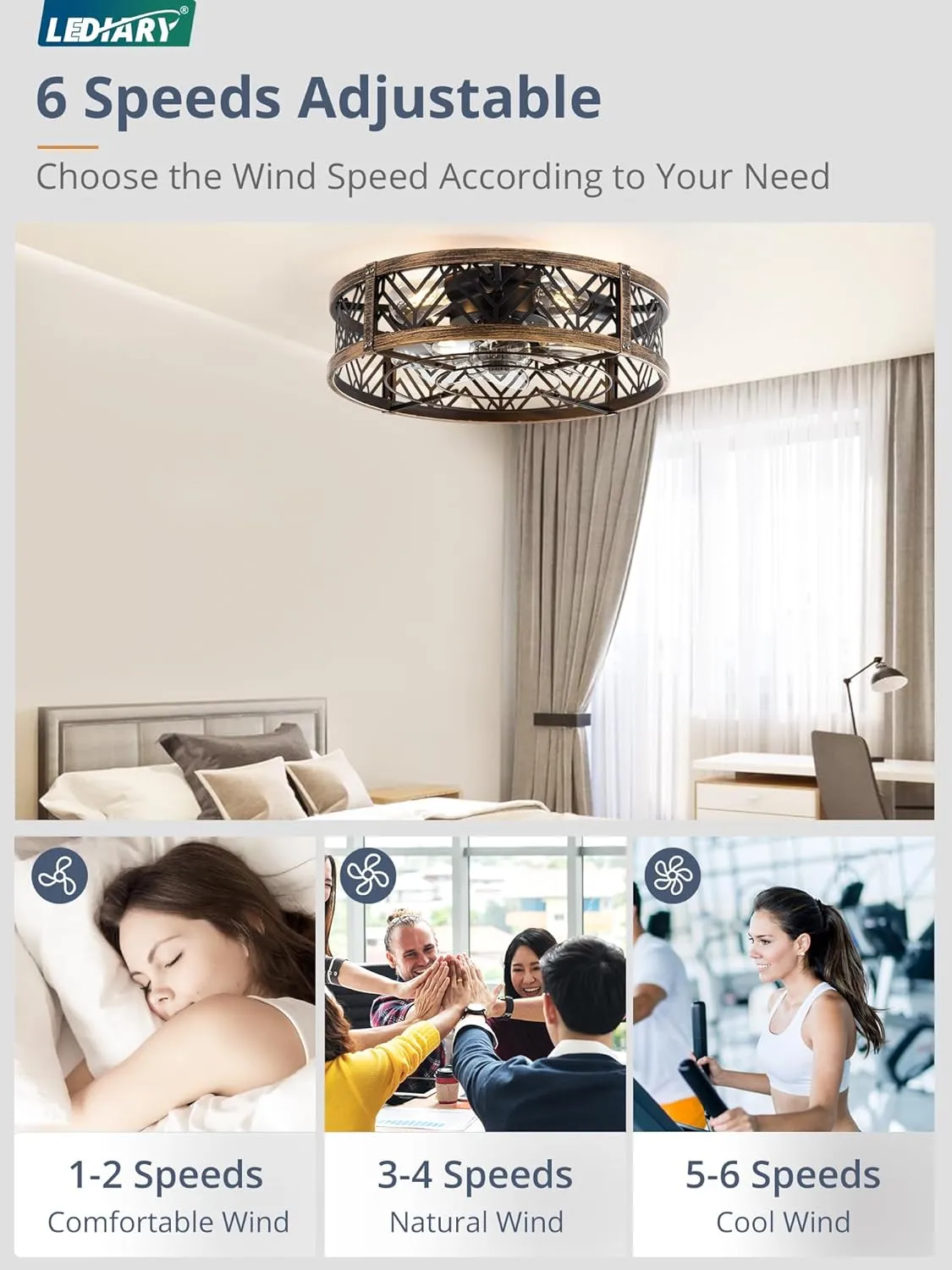 LEDIARY 20" Caged Ceiling Fan with Light, Small Flush Mount, App&Remote Control, Low Profile Bladeless Fan Light Fixture 6 Speed, Reversible and Quiet Motor-Black Gold