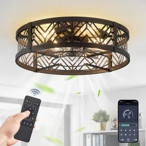 LEDIARY 20" Caged Ceiling Fan with Light, Small Flush Mount Ceiling Fan with App&Remote, Low Profile Bladeless Ceiling Fan for Bedroom, Kitchen, Dining Room-Black Small bladeless fan for quiet cooling