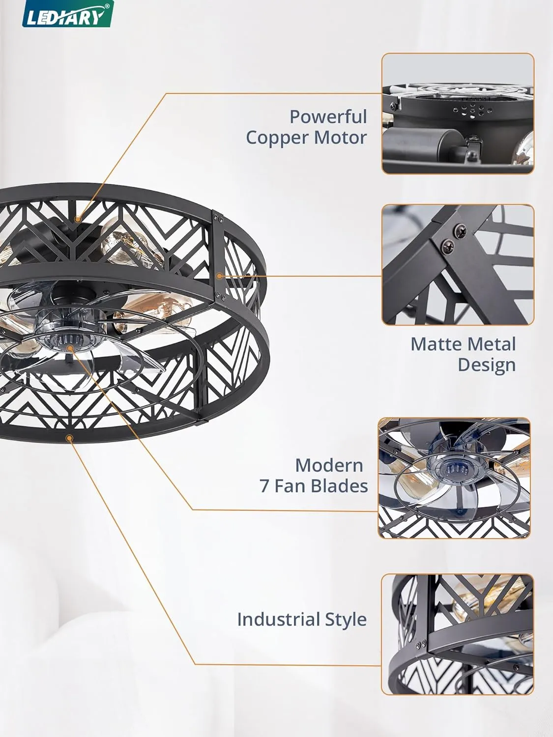 LEDIARY 20" Caged Ceiling Fan with Light, Small Flush Mount Ceiling Fan with App&Remote, Low Profile Bladeless Ceiling Fan for Bedroom, Kitchen, Dining Room-Black