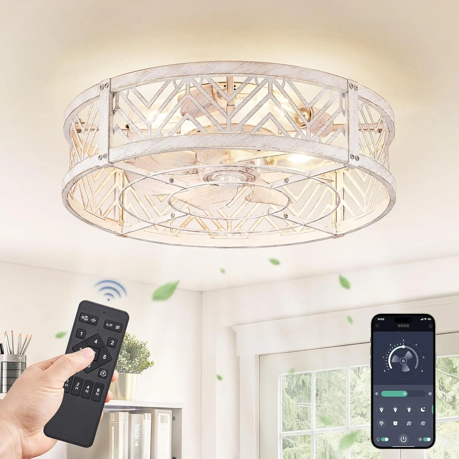 LEDIARY 20" Caged Ceiling Fan with Light, Small Flush Mount Ceiling Fan with App&Remote, Low Profile Bladeless Ceiling Fan Light Fixture 6 Speed, Reversible and Quiet Motor-White Gold Small bladeless fan for quiet cooling