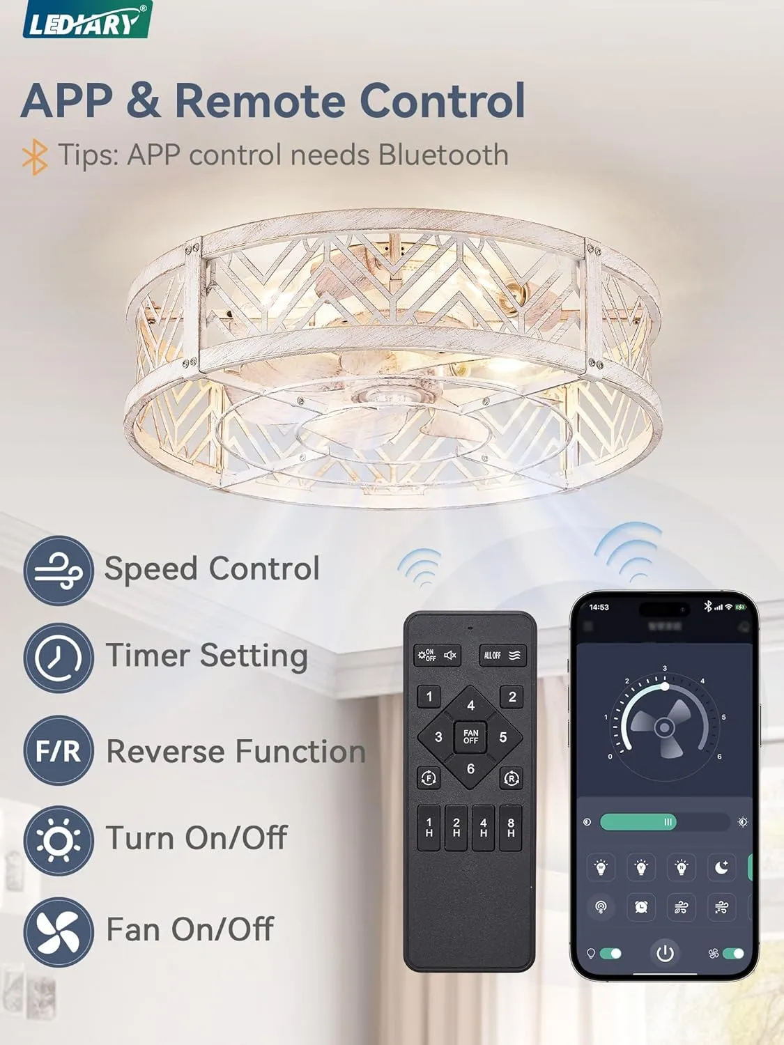 LEDIARY 20" Caged Ceiling Fan with Light, Small Flush Mount Ceiling Fan with App&Remote, Low Profile Bladeless Ceiling Fan Light Fixture 6 Speed, Reversible and Quiet Motor-White Gold