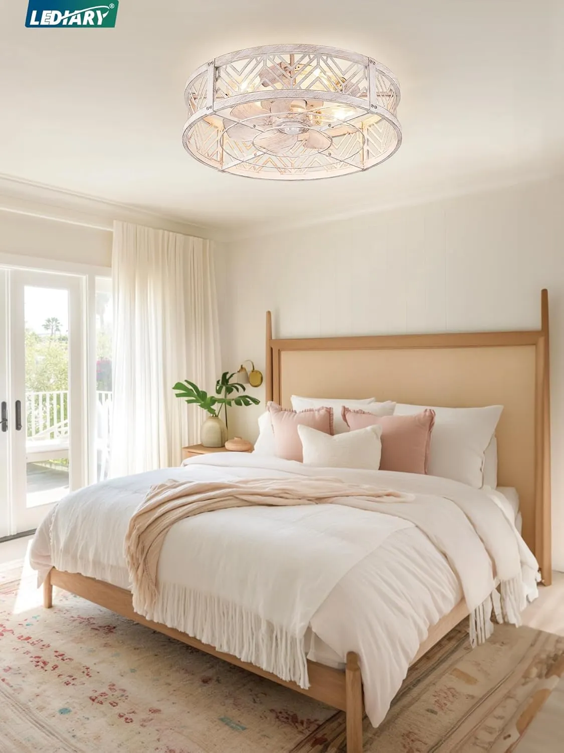 LEDIARY 20" Caged Ceiling Fan with Light, Small Flush Mount Ceiling Fan with App&Remote, Low Profile Bladeless Ceiling Fan Light Fixture 6 Speed, Reversible and Quiet Motor-White Gold