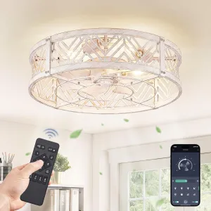 LEDIARY 20" Caged Ceiling Fan with Light, Small Flush Mount Ceiling Fan with App&Remote, Low Profile Bladeless Ceiling Fan Light Fixture 6 Speed, Reversible and Quiet Motor-White Gold Small bladeless fan for quiet cooling