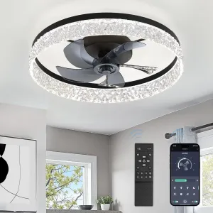 LEDIARY 22" Modern Ceiling Fans with Lights and Remote, Dimmable Low Profile Ceiling Fan, Flush Mount Ceiling Fan, Stepless Color Temperature Change and 6 Speeds - Black Fan with safety blade design