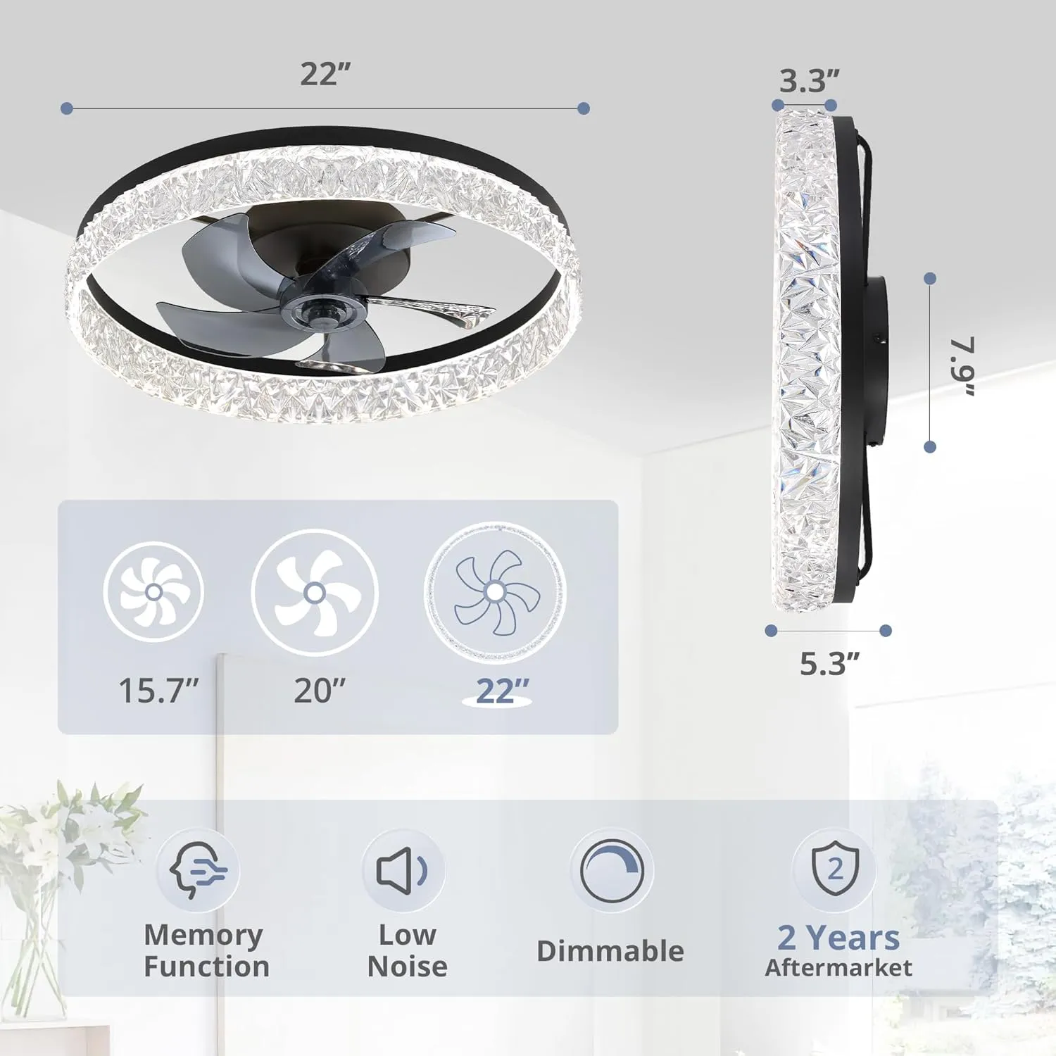 LEDIARY 22" Modern Ceiling Fans with Lights and Remote, Dimmable Low Profile Ceiling Fan, Flush Mount Ceiling Fan, Stepless Color Temperature Change and 6 Speeds - Black