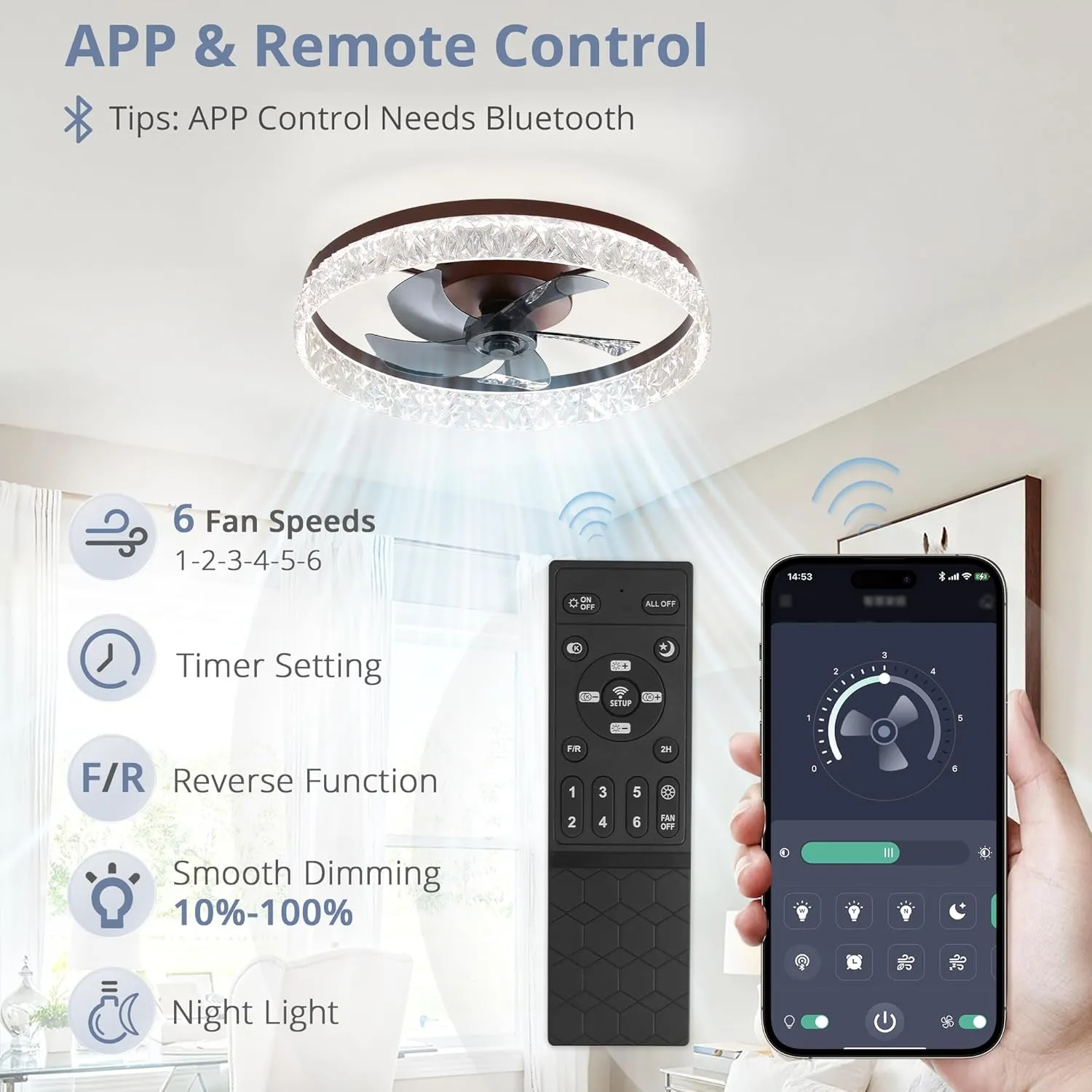 LEDIARY 22" Modern Ceiling Fans with Lights and Remote, Dimmable Low Profile Ceiling Fan, Flush Mount Fan, Stepless Color Temperature Change and 6 Speeds - Brown