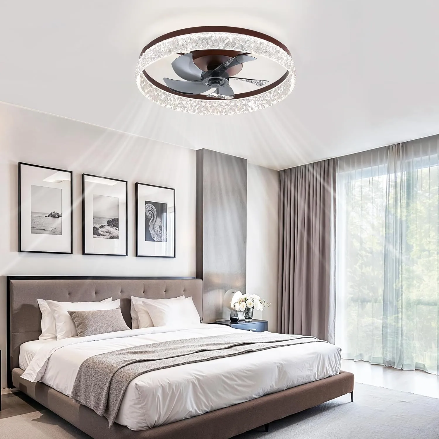 LEDIARY 22" Modern Ceiling Fans with Lights and Remote, Dimmable Low Profile Ceiling Fan, Flush Mount Fan, Stepless Color Temperature Change and 6 Speeds - Brown