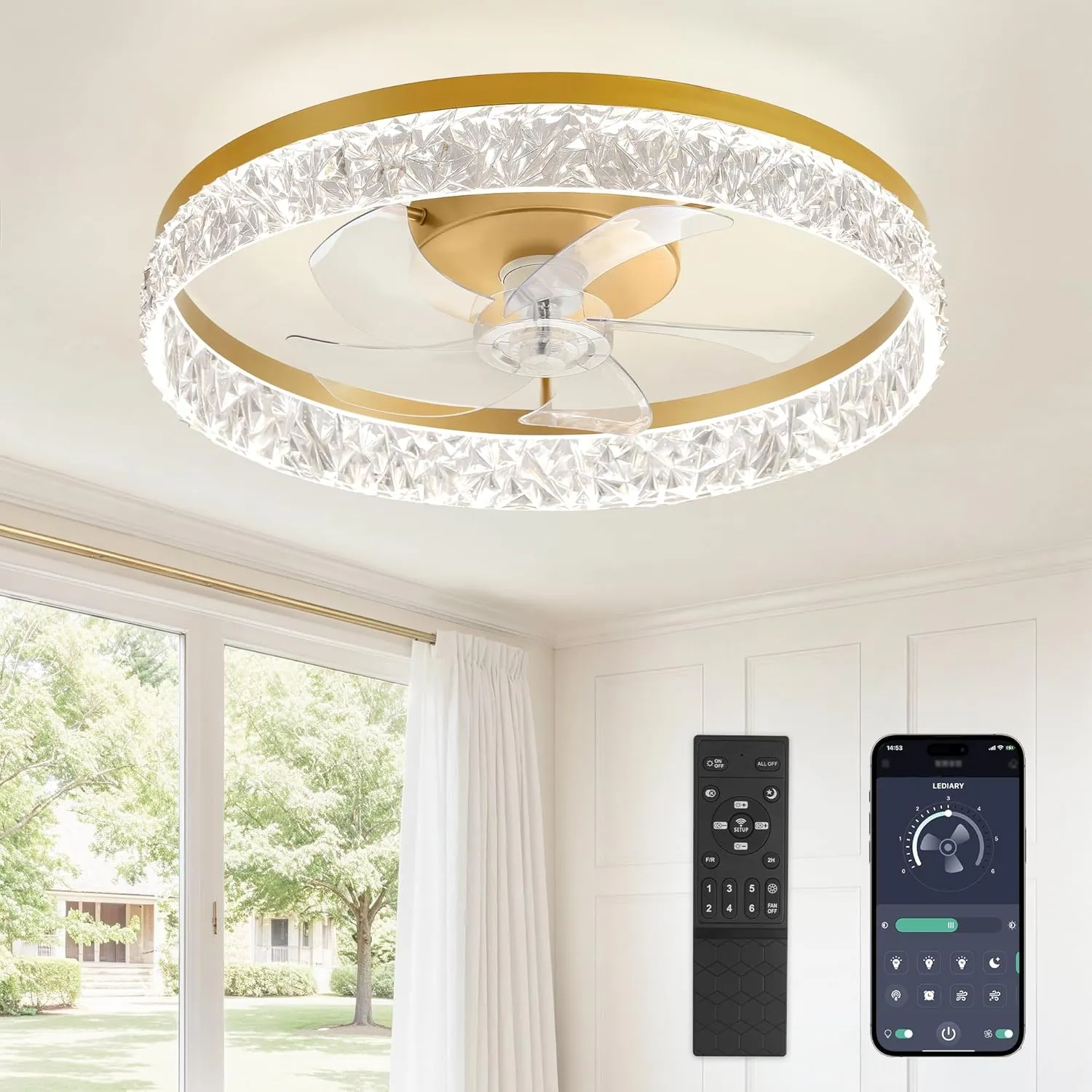 LEDIARY 22" Modern Ceiling Fans with Lights and Remote, Dimmable Low Profile Ceiling Fan, Flush Mount Fan, Stepless Color Temperature Change and 6 Speeds - Gold App-controlled remote fan for convenience