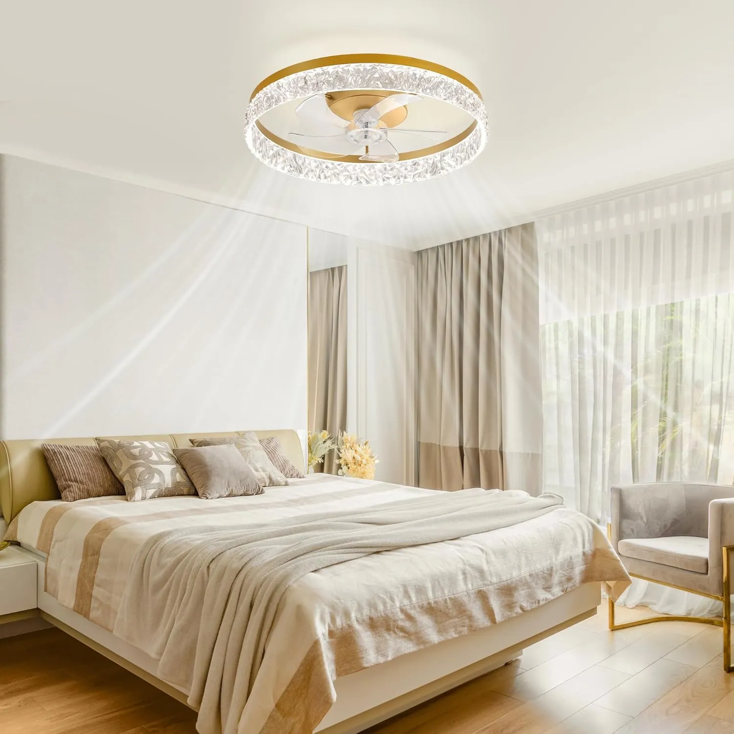 LEDIARY 22" Modern Ceiling Fans with Lights and Remote, Dimmable Low Profile Ceiling Fan, Flush Mount Fan, Stepless Color Temperature Change and 6 Speeds - Gold