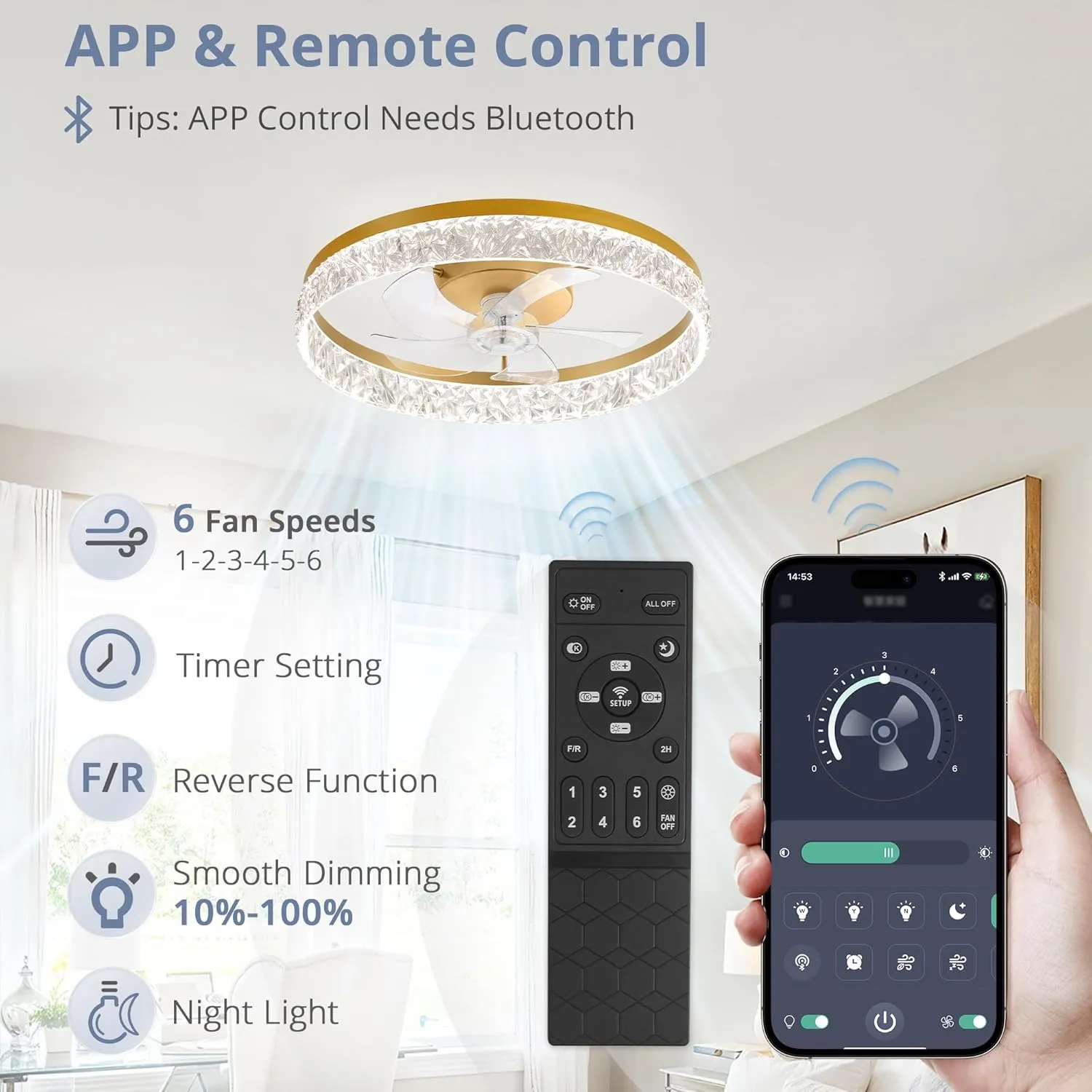 LEDIARY 22" Modern Ceiling Fans with Lights and Remote, Dimmable Low Profile Ceiling Fan, Flush Mount Fan, Stepless Color Temperature Change and 6 Speeds - Gold