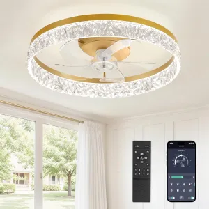 LEDIARY 22" Modern Ceiling Fans with Lights and Remote, Dimmable Low Profile Ceiling Fan, Flush Mount Fan, Stepless Color Temperature Change and 6 Speeds - Gold App-controlled remote fan for convenience