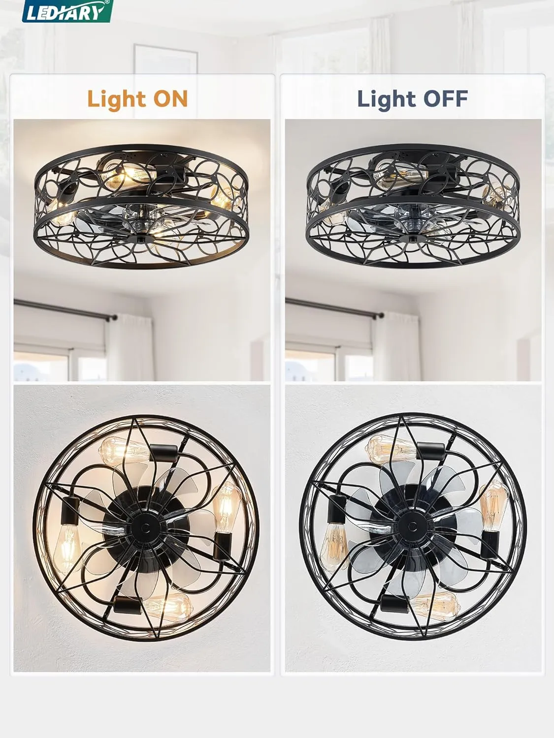 LEDIARY Caged Ceiling Fans with Lights, Black Flush Mount Ceiling Fan with Remote, Small Low Profile Bladeless Ceiling Fan Light Fixture for Bedroom, Kitchen, Dining Room.
