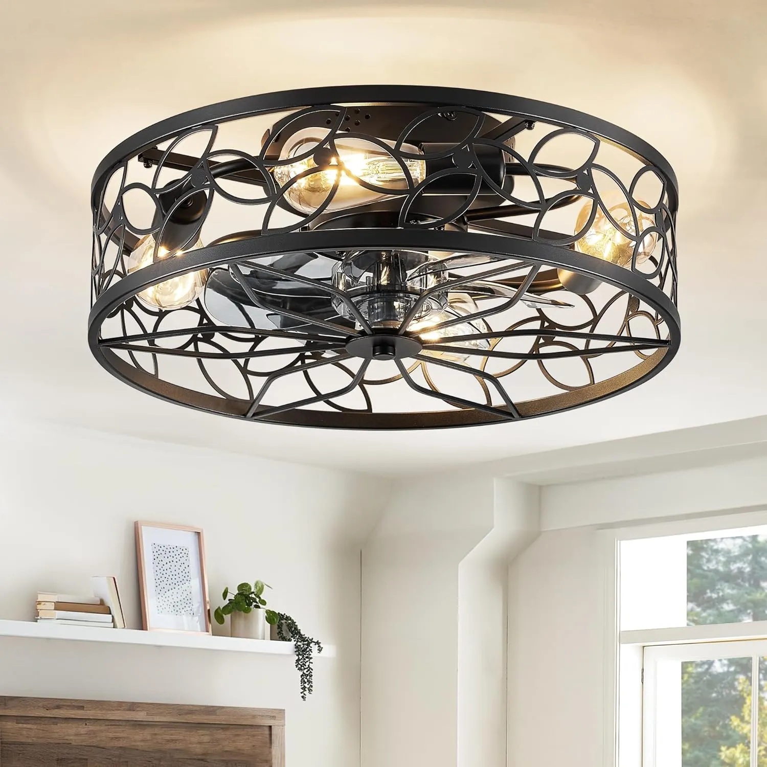 LEDIARY Caged Ceiling Fans with Lights, Black Flush Mount Ceiling Fan with Remote, Small Low Profile Bladeless Ceiling Fan Light Fixture for Bedroom, Kitchen, Dining Room. Small bladeless fan for quiet cooling