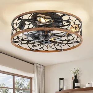 LEDIARY Caged Ceiling Fans with Lights, Farmhouse Flush Mount Ceiling Fan with Remote, Black&Walnut Low Profile Ceiling Fan Light Fixture for Bedroom, Kitchen, Dining Room. Small bladeless fan for quiet cooling