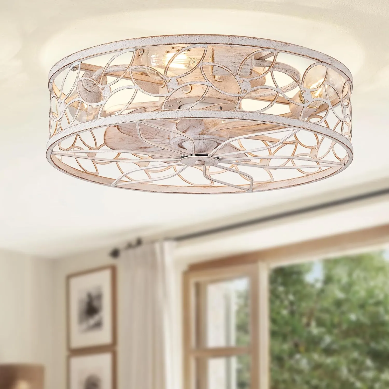 LEDIARY Caged Ceiling Fans with Lights, White Flush Mount Ceiling Fan with Remote, Small Low Profile Bladeless Ceiling Fan Light Fixture for Bedroom, Kitchen, Dining Room-White Gold Color