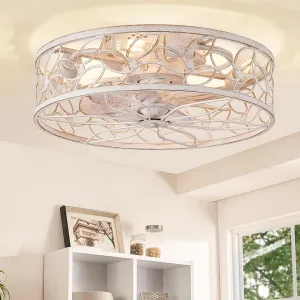LEDIARY Caged Ceiling Fans with Lights, White Flush Mount Ceiling Fan with Remote, Small Low Profile Bladeless Ceiling Fan Light Fixture for Bedroom, Kitchen, Dining Room-White Gold Color Small bladeless fan for quiet cooling