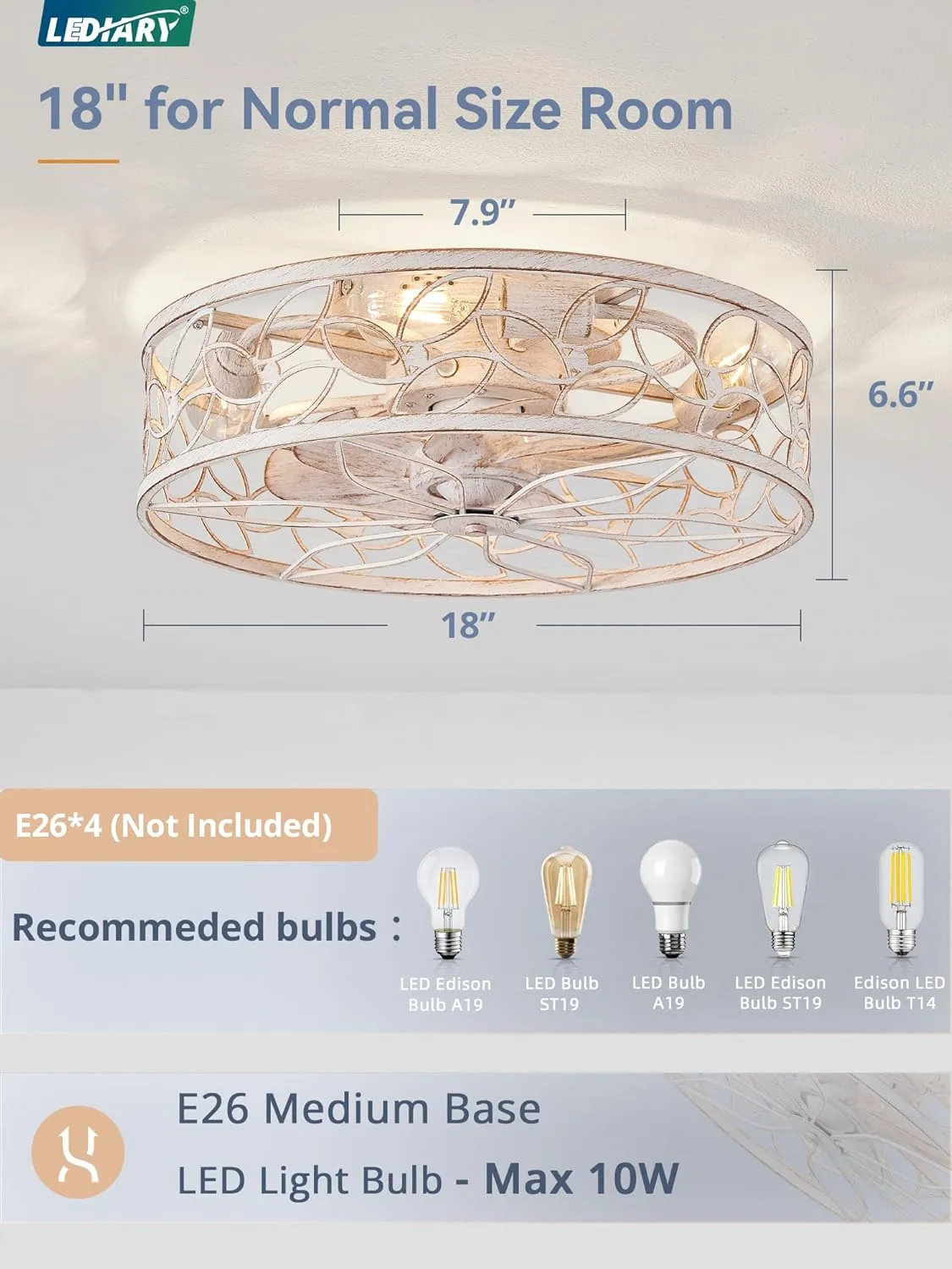 LEDIARY Caged Ceiling Fans with Lights, White Flush Mount Ceiling Fan with Remote, Small Low Profile Bladeless Ceiling Fan Light Fixture for Bedroom, Kitchen, Dining Room-White Gold Color