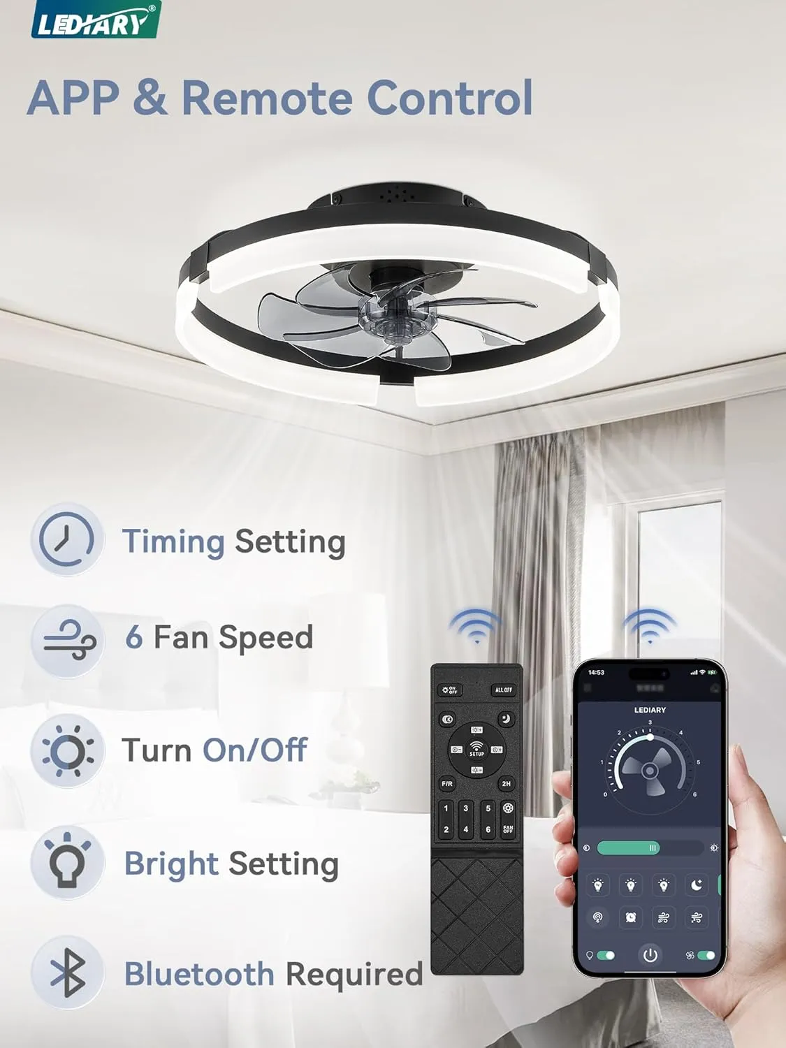 LEDIARY Ceiling Fans with Lights and Remote, 19.7 Inch Low Profile Ceiling Fan, 6 Speeds, Reversible, Dimmable Flush Mount Fan Light,Modern & Bladeless Ceiling Fan with Light for Bedroom, Black